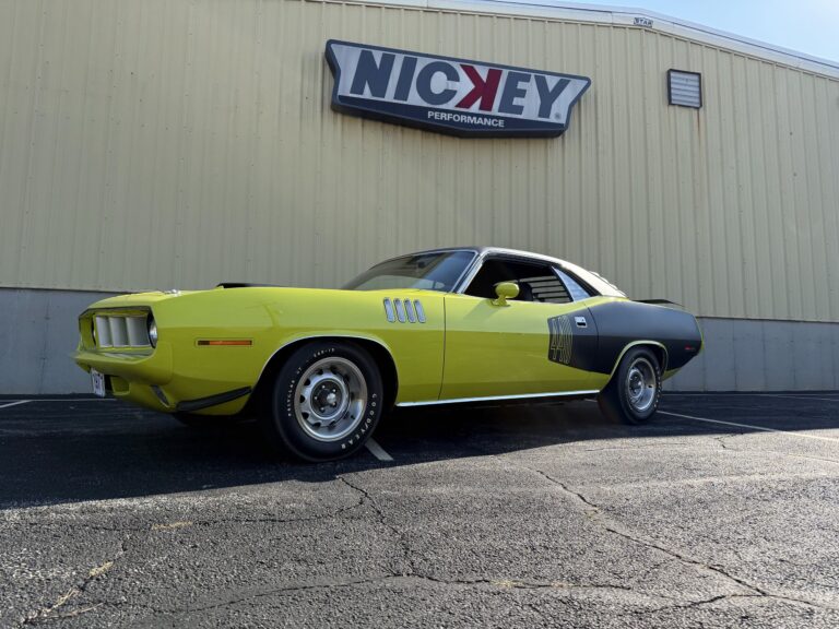 1971 Plymouth ’Cuda 440 6 Pack, low front three-quarter view showing the Shaker hood and fender gills