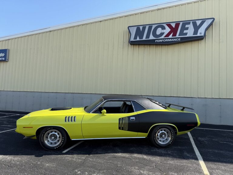 1971 Plymouth ’Cuda 440 6 Pack, driver-side profile under the Nickey Performance sign