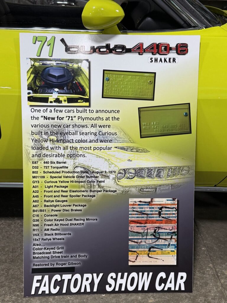 1971 Plymouth ’Cuda 440 6 Pack, factory show car display board listing the original option codes