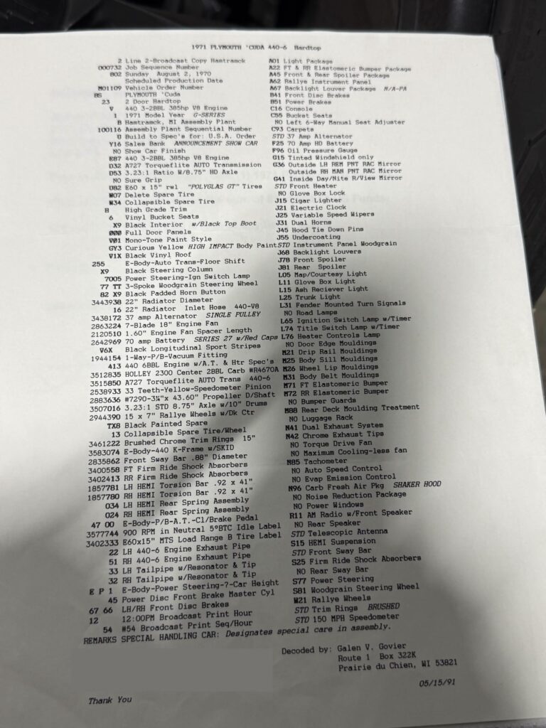 1971 Plymouth ’Cuda 440 6 Pack, Galen Govier broadcast sheet decode